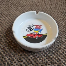 Route 66 Vette Ashtray White Ceramic Small Round 4" "Americas Main Street" 