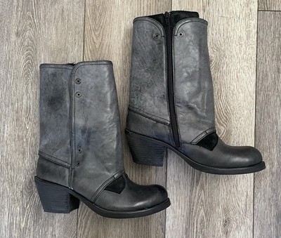 EUC $299 Luxury Rebel Brady Gray Distressed Leather Moto Fold Down Boots EU 38.5