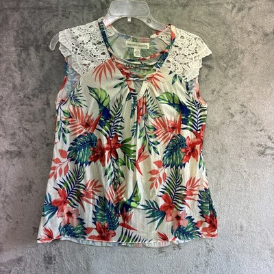 New York laundry top Lg sleeveless crochet shoulders red leaf pattern multicolor