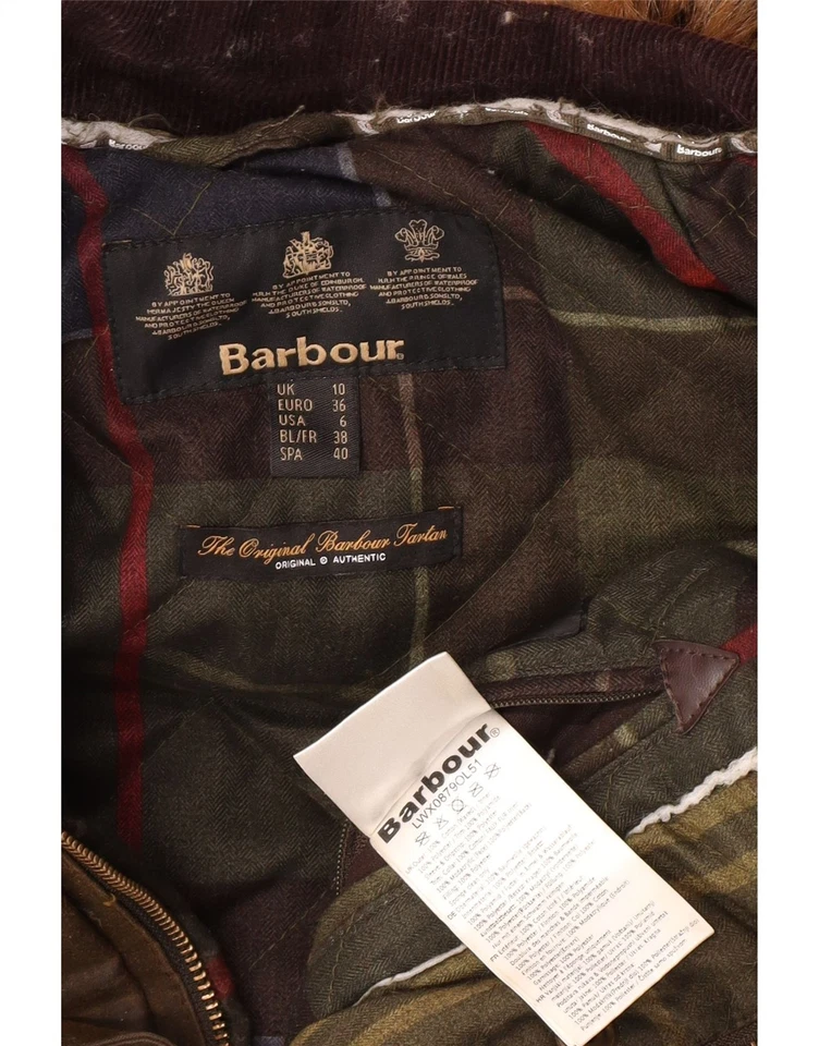 Chaqueta de algodón encerado con capucha BARBOUR para mujer Reino Unido 10 pequeña algodón caqui JS01 Foto 4 de 4