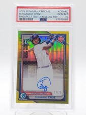 FERNANDO CRUZ 2024 BOWMAN CHROME 1ST AUTO YELLOW REFRACTOR /75 PSA 10 Q5966