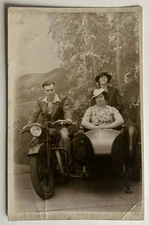 Man Motorcycle Two Women Sidecar Studio Portrait Painted Backdrop RPPC Antique