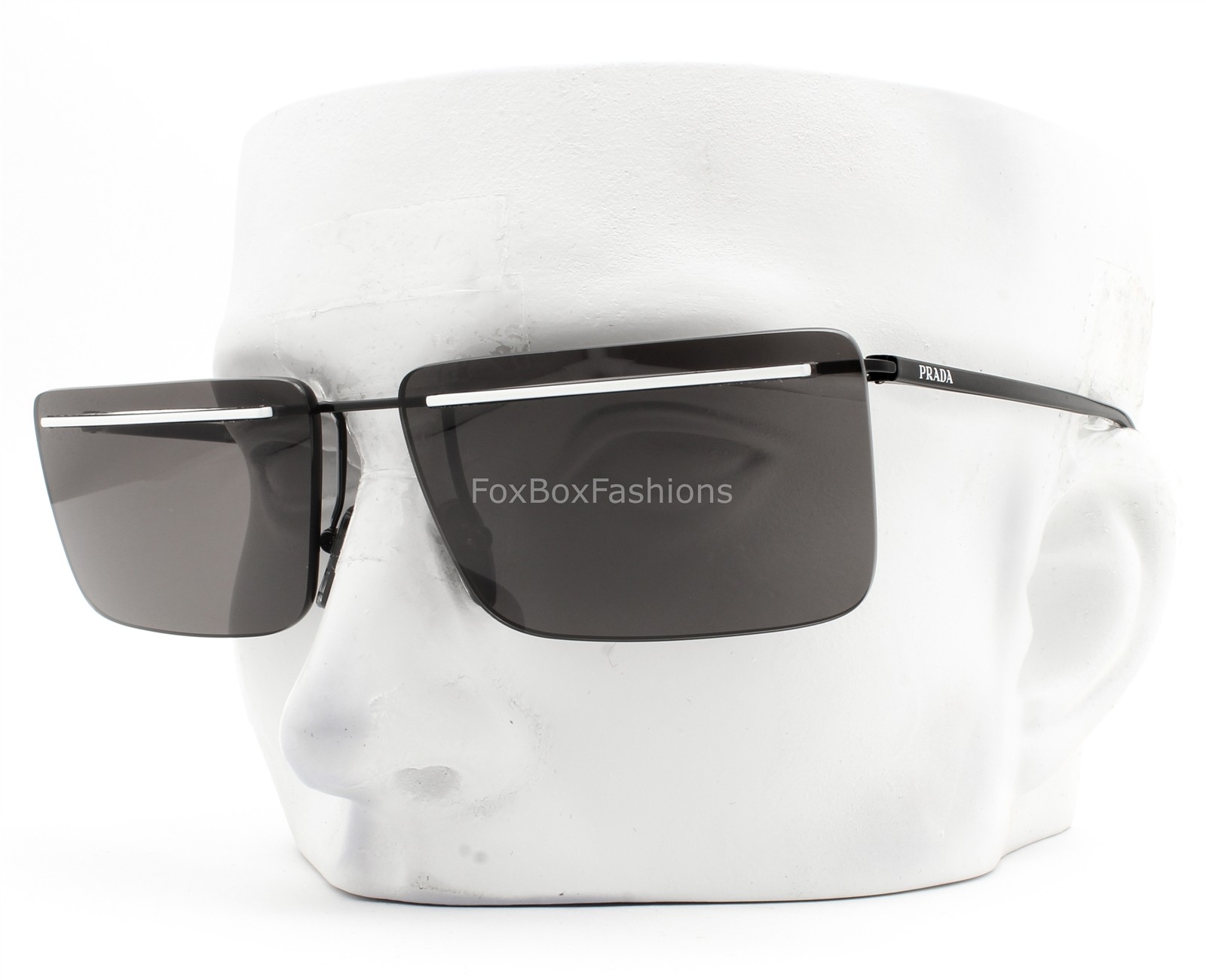 Prada Rimless Sunglasses SPR C53 YC4-60T Shiny Black White Metal with Case