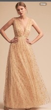 BHLDN Deep Plunge Champagne Gold Wedding/ Event Dress  Size 4 Altered 