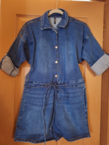 American Bazi Denim Strampler Shorts tailliert blau Jeans Body Anzug Set Damen Small - Bild 1 von 5