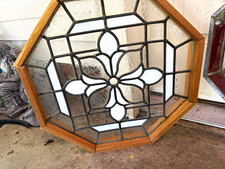 Octagon Floral Stained Glass Panel Wood Frame Multicolor Arts & Crafts