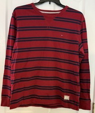 Tommy Hilfiger Patterned Jumper Sweater Red Striped Tight Knit Mens Large EUC