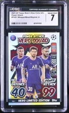 2021-22 TOPPS Match Attax Extra UCL #PAS1 Mbappe/Messi/Neymar Power Attack CGC 7