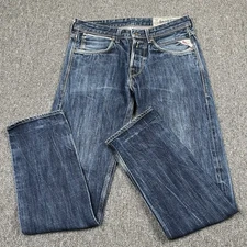 Replay Jeans Mens W31 L32 Blue Button Fly Straight Leg Selvedge Denim Whiskering