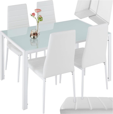 Tectake Essgruppe Tisch + 4 Stühle Weiß Kunstleder Glas Modern Küche