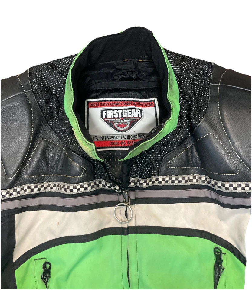FIRST GEAR Motorcycle Leather Padded Green Black Riding Jacket Size Medium - Image 2 of 4
