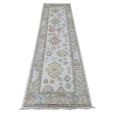 2'7" x 9'8" White Wool Hand Knotted Angora Oushak Leaf Pattern Runner Rug R89902