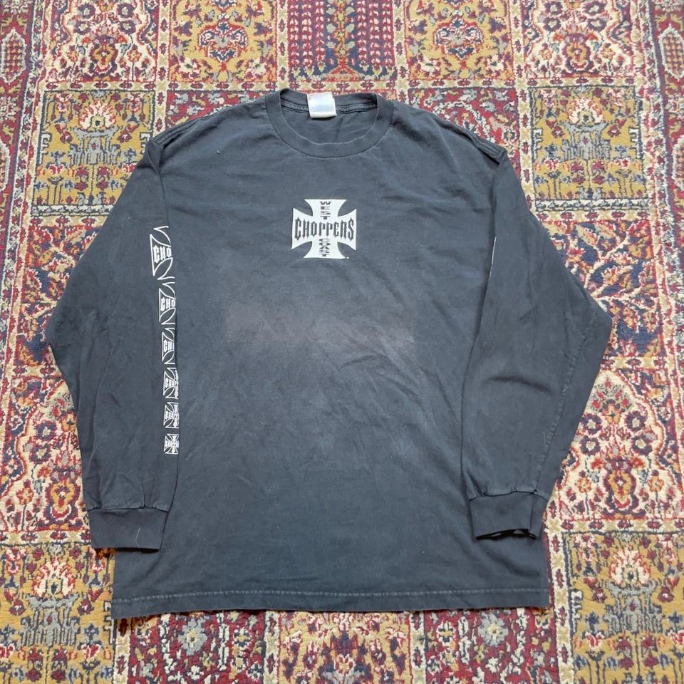 Camiseta De Colección Años 90 y2k West Coast Choppers Manga Larga Rayas XL Desteñida Negra Logo Foto 2 de 4