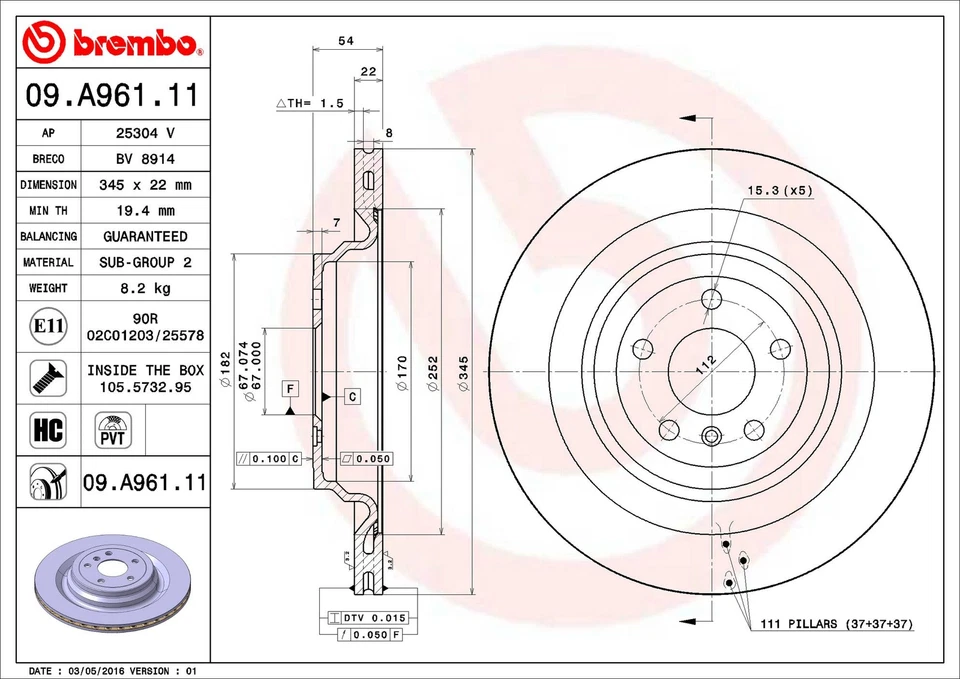 Rotor de freno de disco trasero Brembo 09.A961.11 345 mm para Mercedes-Benz GLS450 2017-2019 Foto 3 de 4