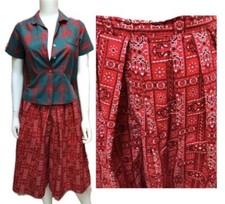 Vtg 50s "PADDLE SADDLE" Bandana Print SPLIT SKIRT Loop-Tab Top Plaid Blouse