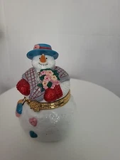 Snowland Hinged Grandma Snowman Trinket Box For Christmas. Blue Hat Red Mittens