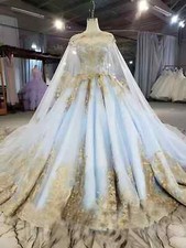 Light Blue Wedding Dresses with Cape Gold Lace Appliques A Line Bridal Gowns
