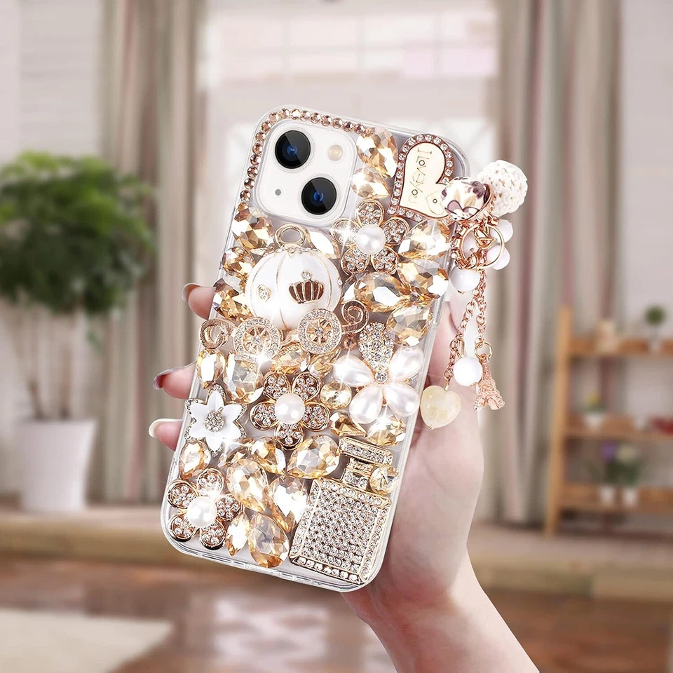 Funda trasera de goma con corazón de diamantes de imitación brillante para mujer para Nokia/LG/Moto Foto 4 de 4