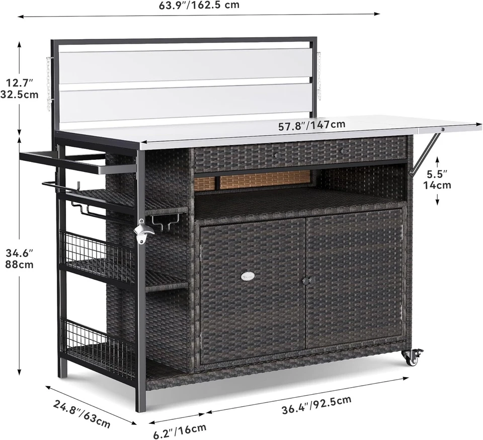 Carro rodante isla de cocina exterior y gabinete de almacenamiento, carro de barra de almacenamiento de mimbre XL Foto 2 de 4