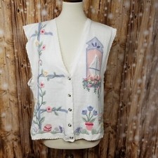 VTG Koret White Embroidered Women's Petite Lg Button Up Sweater Vest Easter