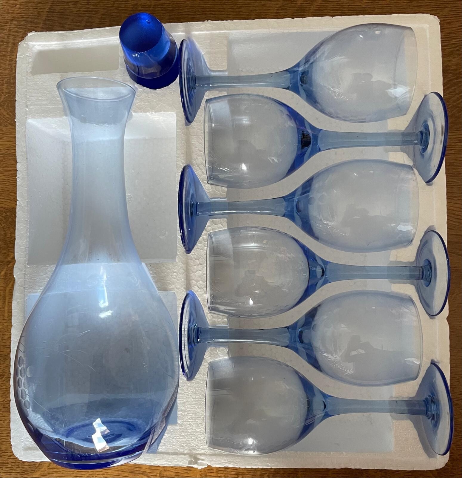 likör wein gläser set mit karaffee blau vintage ca. 60 jahre