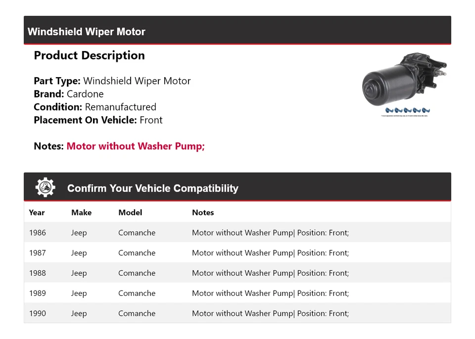 Para Jeep Comanche 1986-1990 Limpiaparabrisas Motor Delantero Cardone 1987 1988 1989 Foto 2 de 4