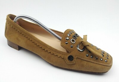 Tods Womens Tan Brown Studded Loafers Leather Size 7.5 US Work Career Flats GUC