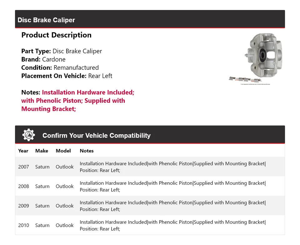 Pinza de freno de disco trasera izquierda Cardone 2008 2009 Saturn Outlook 2007-2010 Foto 2 de 4