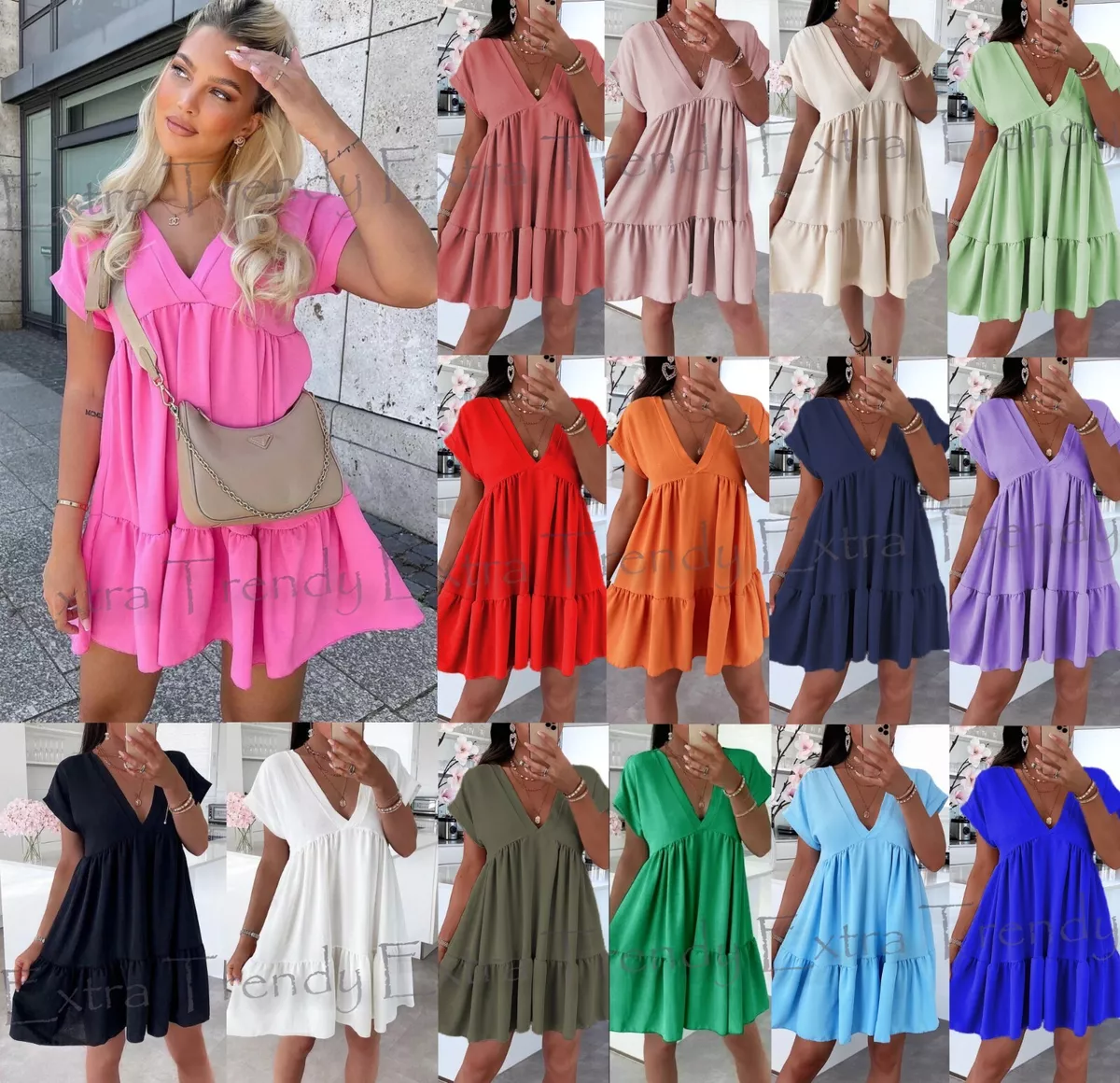 Ladies V Neck Frill Layered Summer Beach Tiered Smock Swing Mini Dress Top | eBay