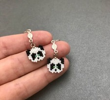 Mini Panda Head Dangle Earrings With Leaf Accent
