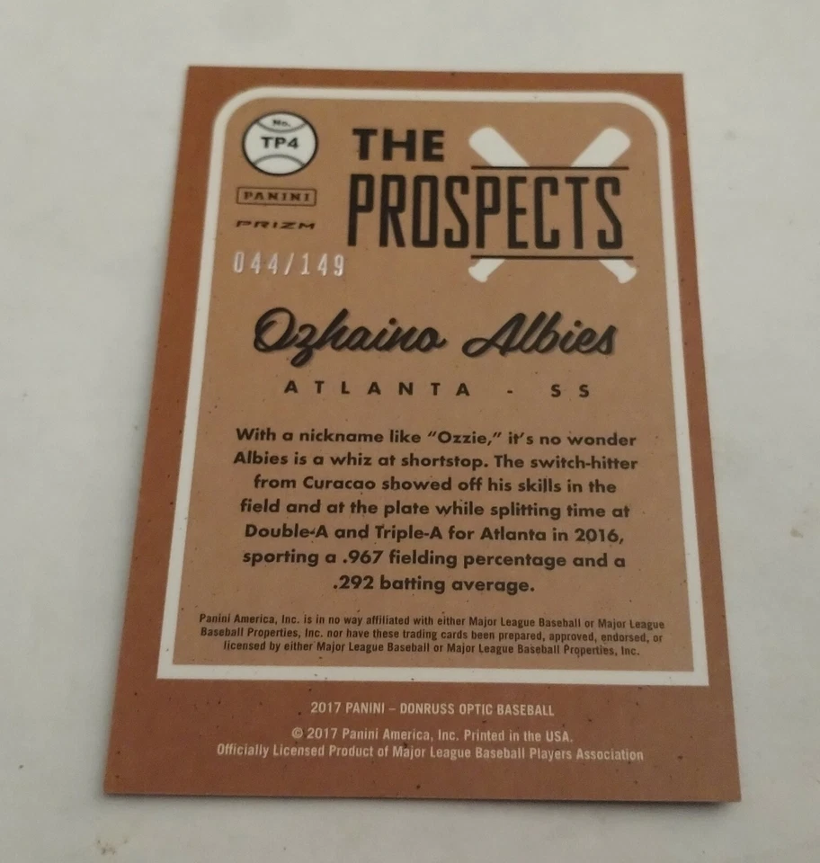 2017 Panini Donruss Optic The Prospects Blue (44/149) Ozzie Albies Ozhaino #TP4 - Image 2 of 2