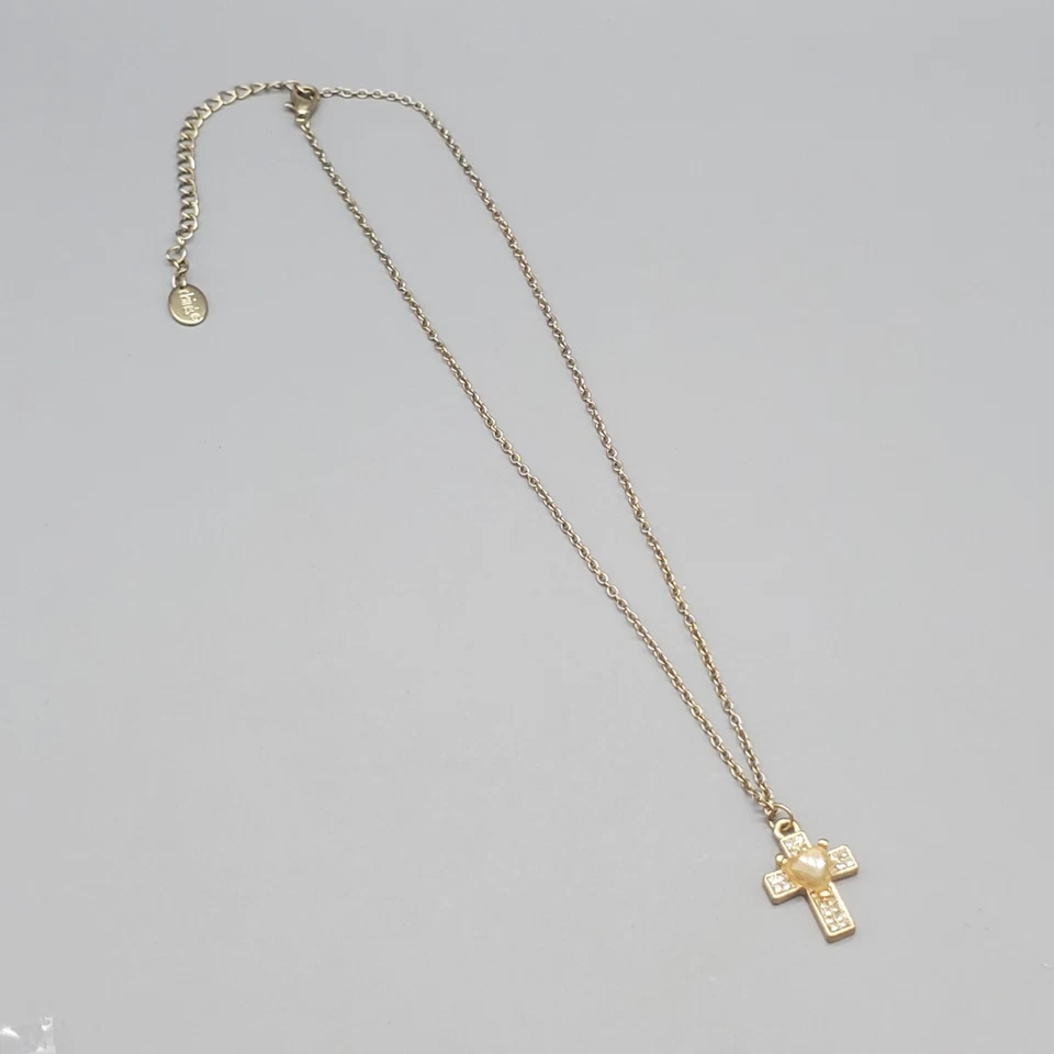 Collar Colgante Cruz Niñas Tono Dorado Acrílico Corazón Estrás Acentos 19" Foto 3 de 4