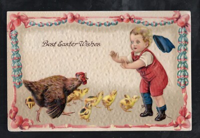 E66 Easter Antique Postcard Boy Red Suit BLue Hat Chased by Hen and Chicks