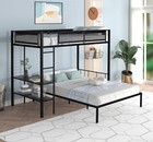 Modern Metal Twin over Full Bunk Bed Frame Wooden Slat with Shelves  Black NEW