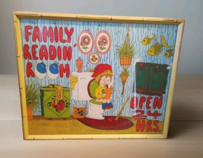  Artex Liquid Embroidery framed Picture bathroom boy 1970's ''Family Reading Room