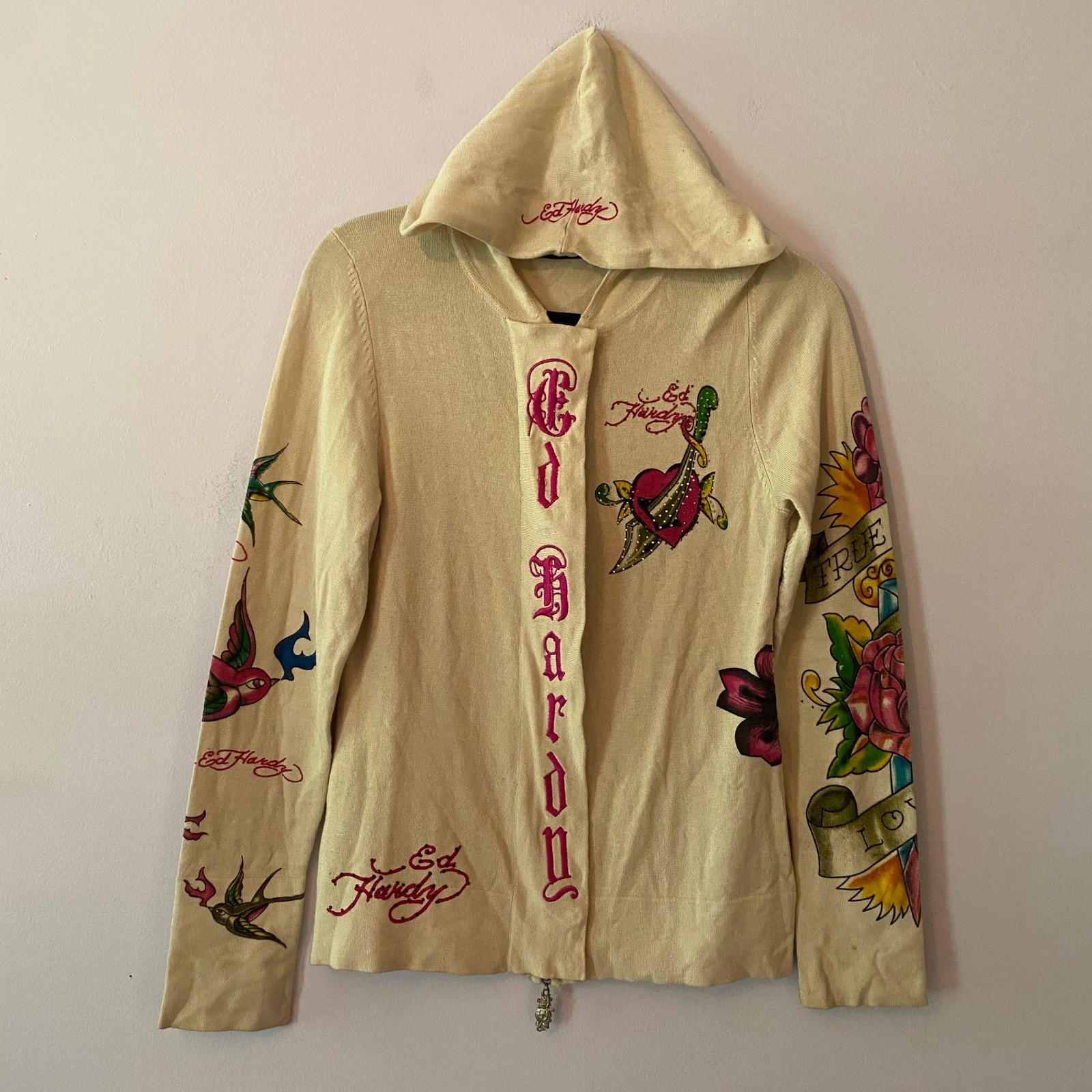 Ed Hardy Cream Zip-Up Sweater Floral Rhinestone Christian Audigier Women's Large