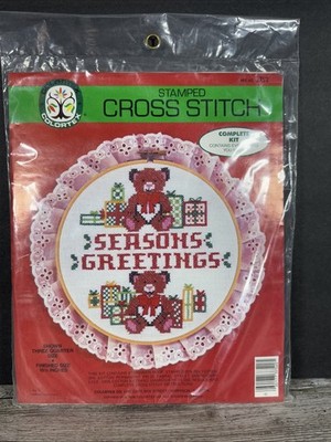 Vintage 80s Seasons Greetings Teddy Bear Cross Stitch Kit Colortex Stamped 3752