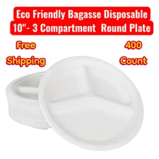 (400/Count) Eco-Friendly 10" - 3 Compartment Disposable Bagasse Round Plates