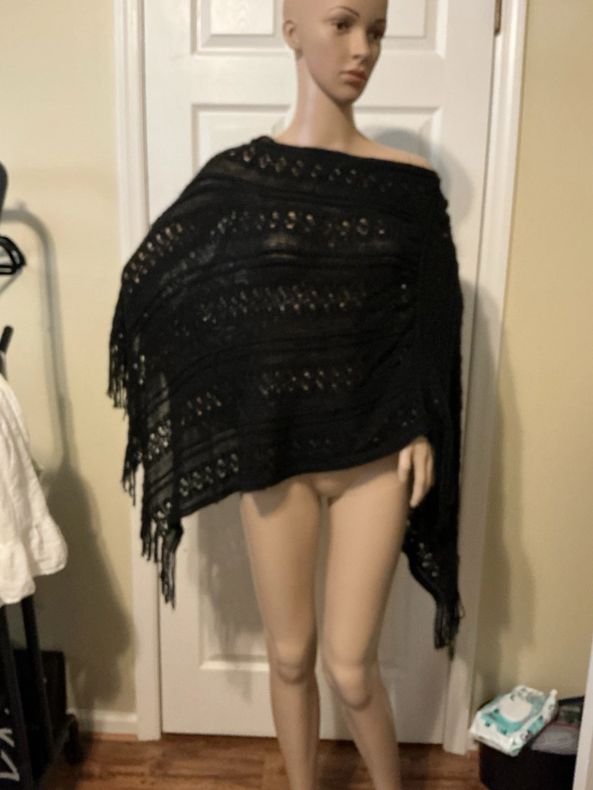 Crochet Poncho Womens One Size Black Fringe Y2K Open Knit Boho Festival Top
Opens in a new window or