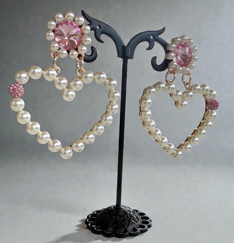 Betsey Johnson Pearl & Pink Rhinestone Heart Earrings