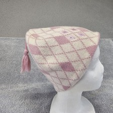 Screamer Snowboards Beanie Hat Tassel Cap Hipster Skully Y2K Argyle Pink Wool