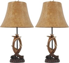 Set of 2 Rustic Antler Table Lamps USB Ports Farmhouse Nightstand Lamps 22.9in