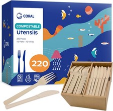 Light Brown Compostable Heavy Duty Forks  Knives Set 220 Pieces Bulk