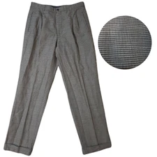 SAVANE Deep Dye Pants Mens 29x30 Cotton Linen Blend Houndstooth Plaid Pleated