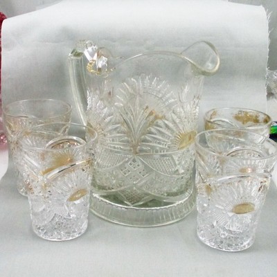 EAPG US GLASS #15110 SUNSHINE aka RISING SUN WATER PITCHER & 4 TUMBLERS GOLD DEC