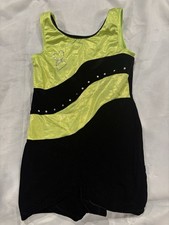 Black Velvet  Neon Green One Piece Dance Kids Size MC With Rhinestone Bling