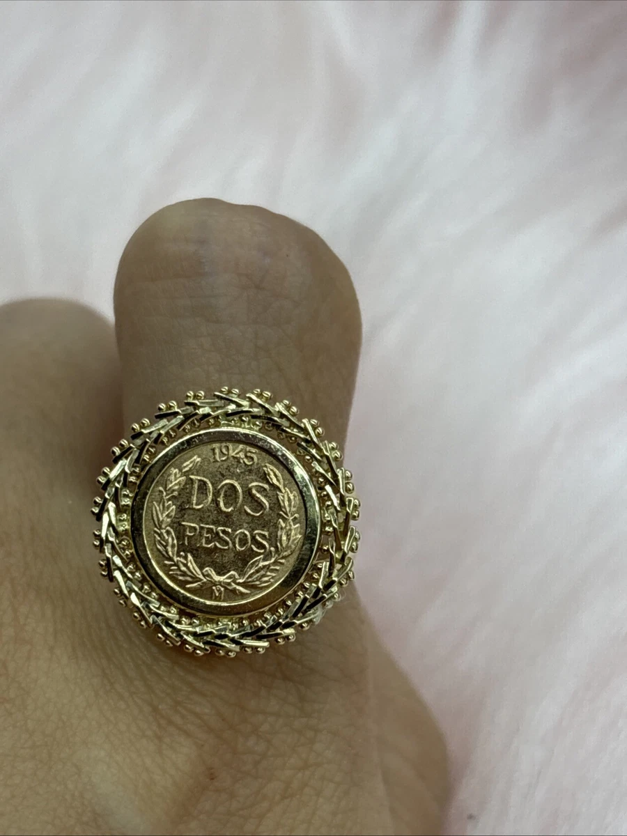 Vintage 1945 Dos Pesos 22K Gold Coin in 14k Yellow Gold Ring Size