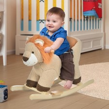 Kids Rocking Lion Plush Ride On Seat w/ Sound Button Wood Base Seat Belt, Brown