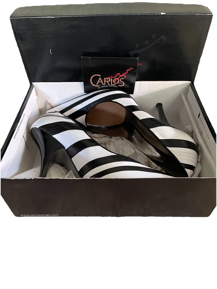 Zapatos de salón Carlos Santana para mujer de cuero Chevron blanco y negro punta ultra alta 8,5 Foto 2 de 4