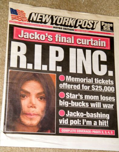 Journal MICHAEL JACKSON DIES NEW YORK POST magazine RIP PAGE 6 JUILLET 7 2009 - Photo 1 sur 2
